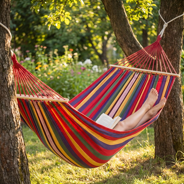 Striped Canvas Hammock strung between trees in a garden