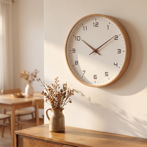 Nordic Minimalist Wall Clock with wood frame above a sideboard