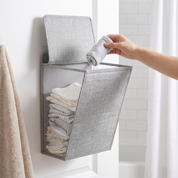 Foldable Adhesive Laundry Basket mounted on a bathroom door