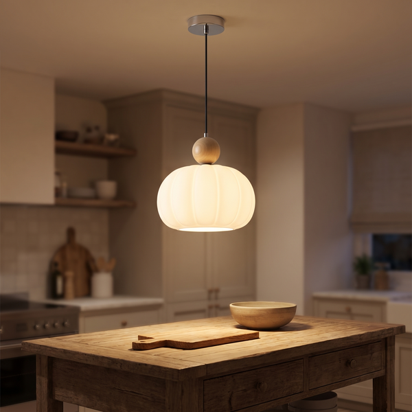 Pumpkin Pendant Light hanging above a kitchen island