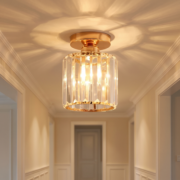 Gold Crystal Semi-Flush Ceiling Light in a hallway