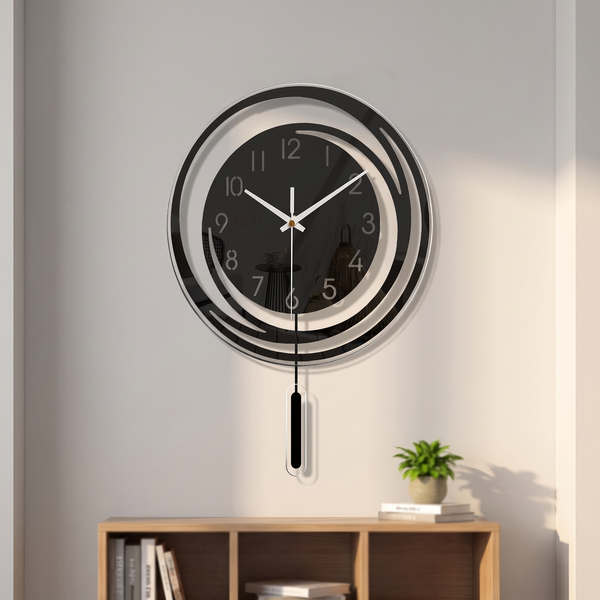 Acrylic Pendulum Wall Clock above a low bookshelf