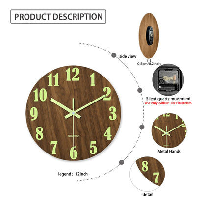 Silent Wooden Wall Clock with Glow Numbers