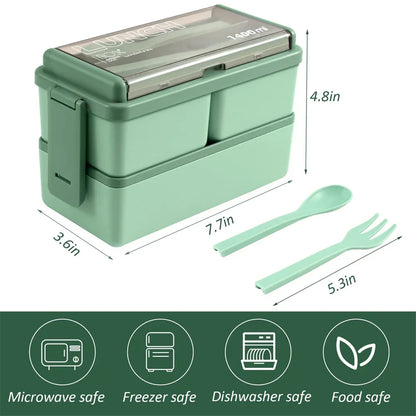 1400Ml Double Layer Bento Box | Portable Lunch Box with Fork & Spoon