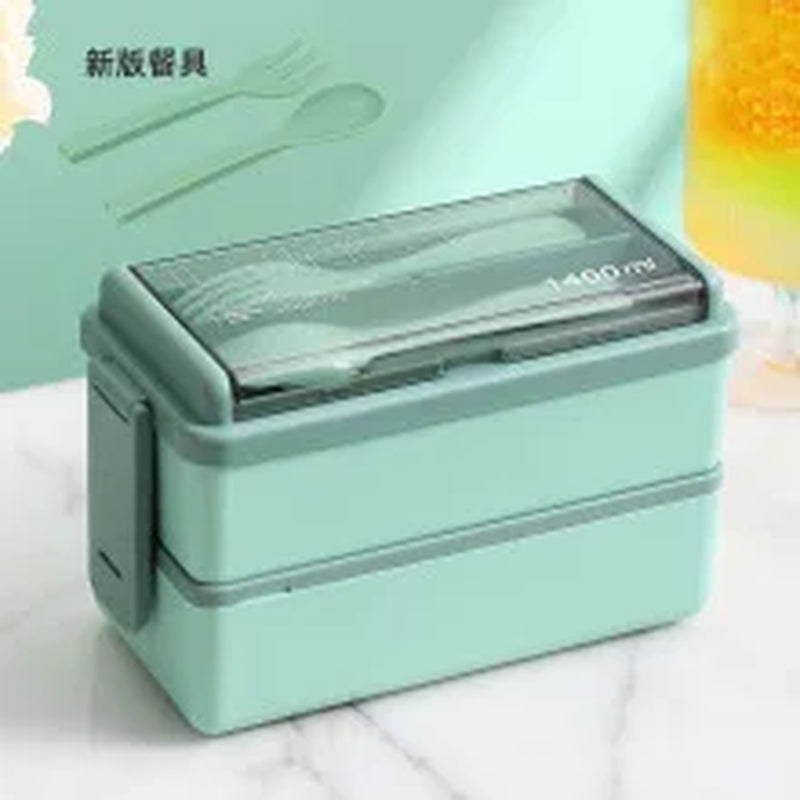 1400Ml Double Layer Bento Box | Portable Lunch Box with Fork & Spoon