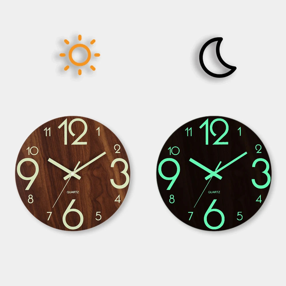 Silent Wooden Wall Clock with Glow Numbers