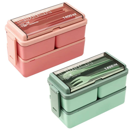 1400Ml Double Layer Bento Box | Portable Lunch Box with Fork & Spoon