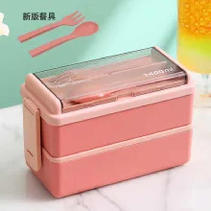 1400Ml Double Layer Bento Box | Portable Lunch Box with Fork & Spoon