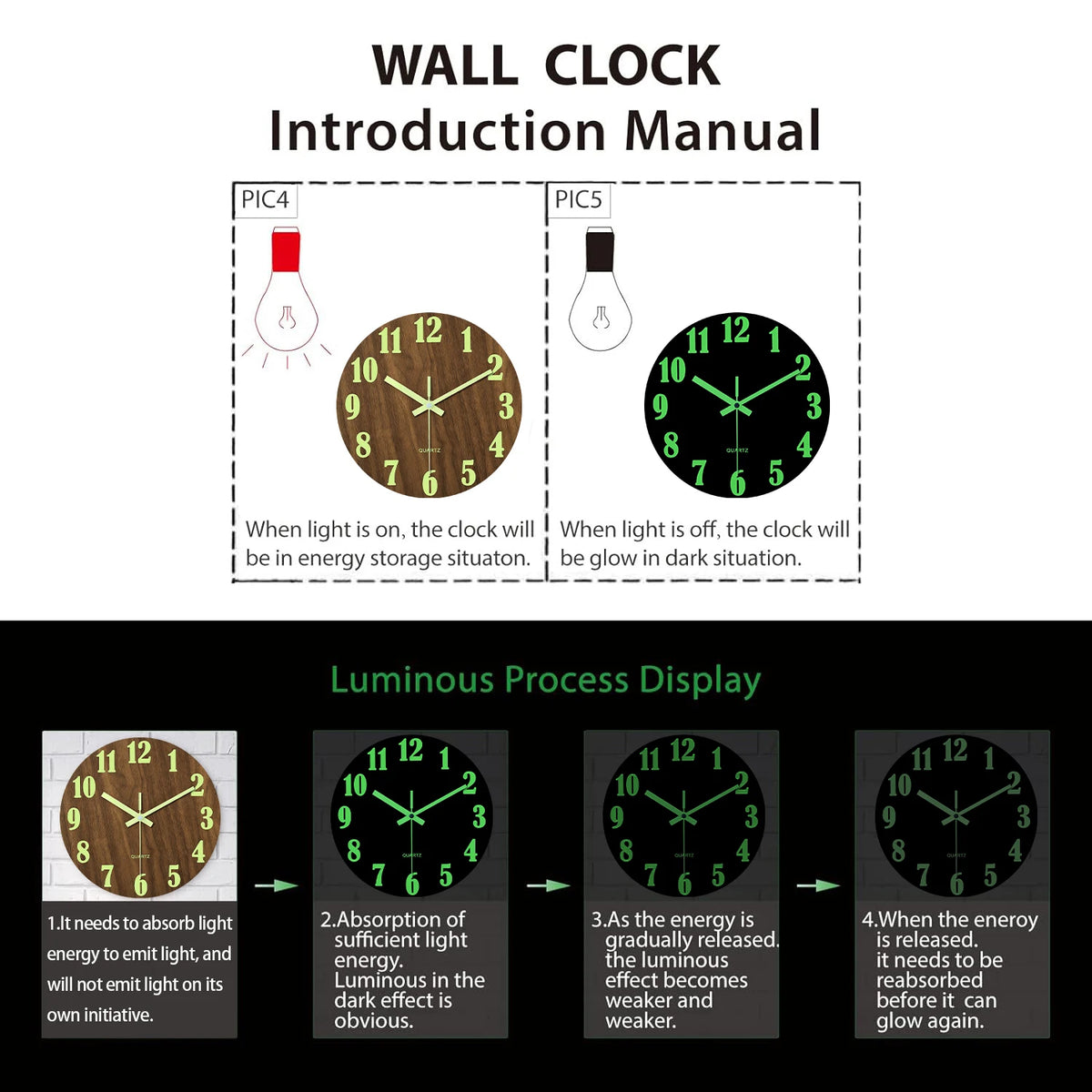 Silent Wooden Wall Clock with Glow Numbers