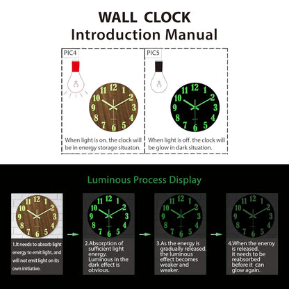 Silent Wooden Wall Clock with Glow Numbers