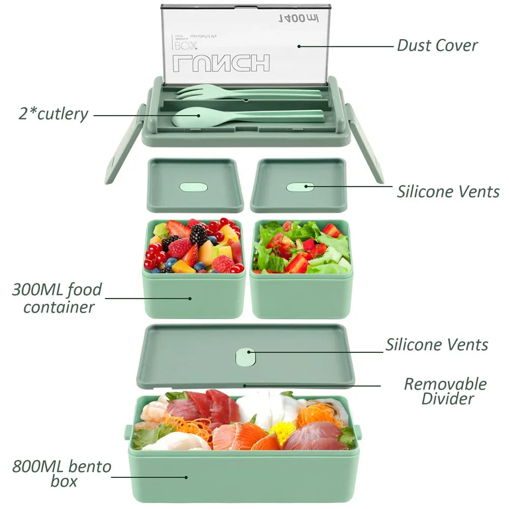 1400Ml Double Layer Bento Box | Portable Lunch Box with Fork & Spoon