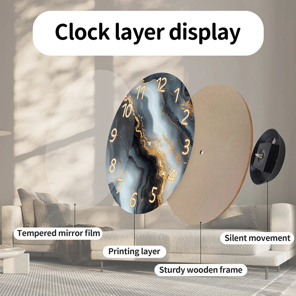 Blue & Gold Marble-Look Wall Clock – Silent Bamboo Design