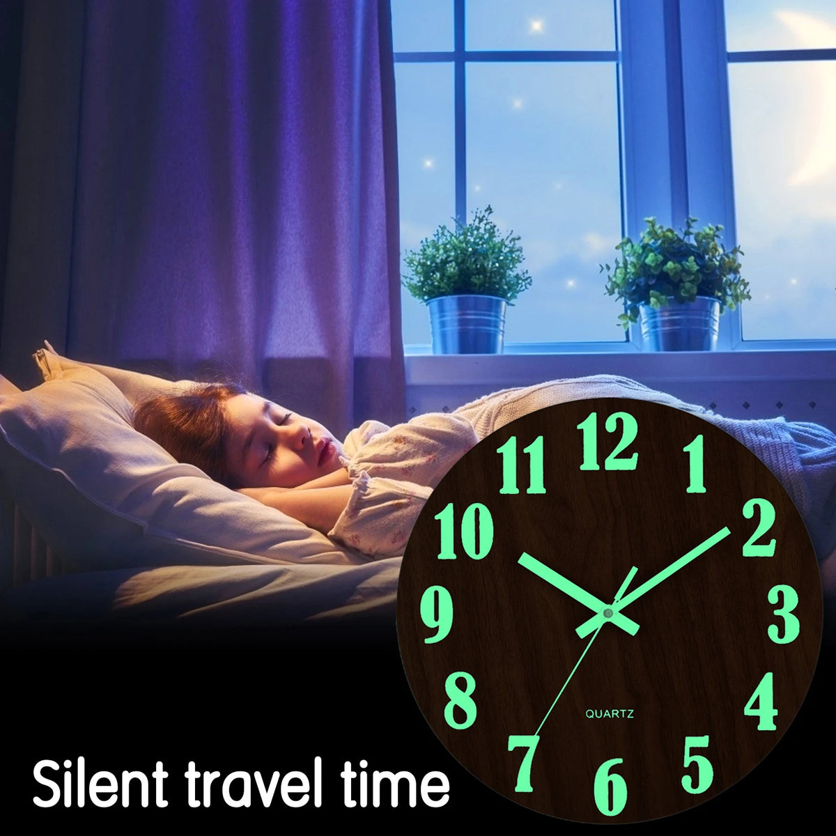 Silent Wooden Wall Clock with Glow Numbers