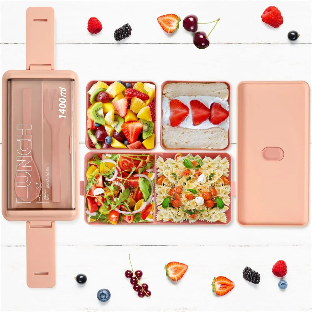 1400Ml Double Layer Bento Box | Portable Lunch Box with Fork & Spoon