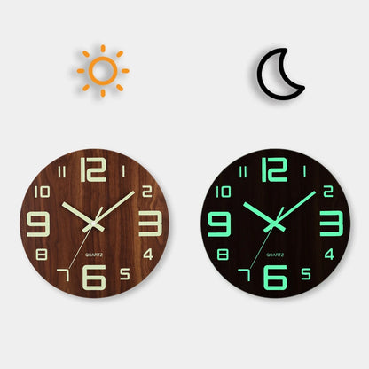 Silent Wooden Wall Clock with Glow Numbers