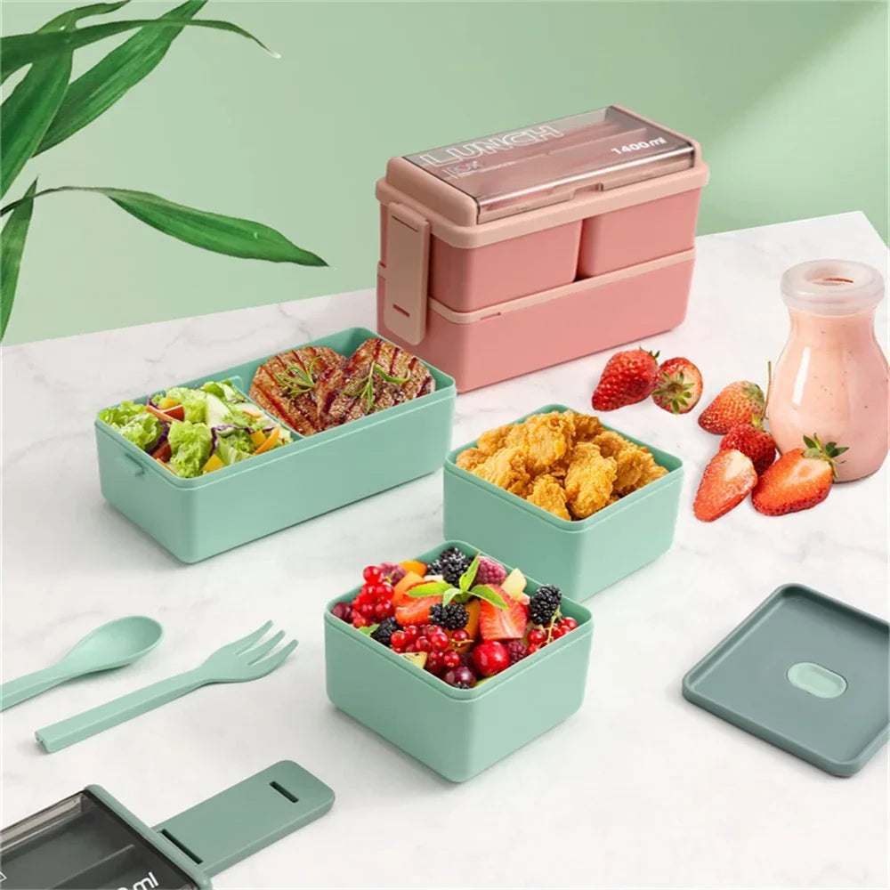 1400Ml Double Layer Bento Box | Portable Lunch Box with Fork & Spoon