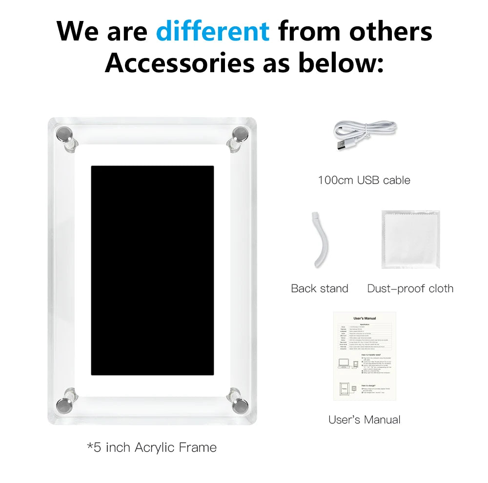 Acrylic Digital Photo Frame | Portable IPS Display with Built-In Battery