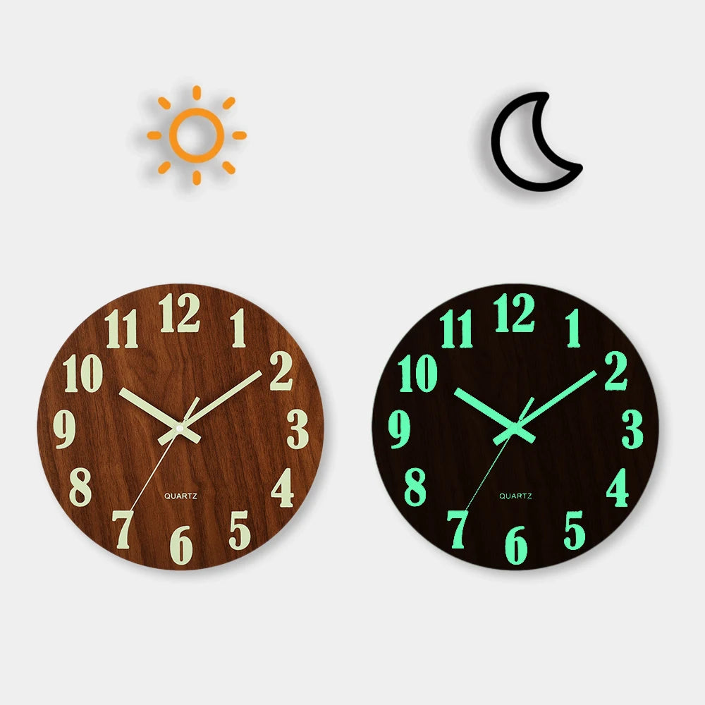 Silent Wooden Wall Clock with Glow Numbers