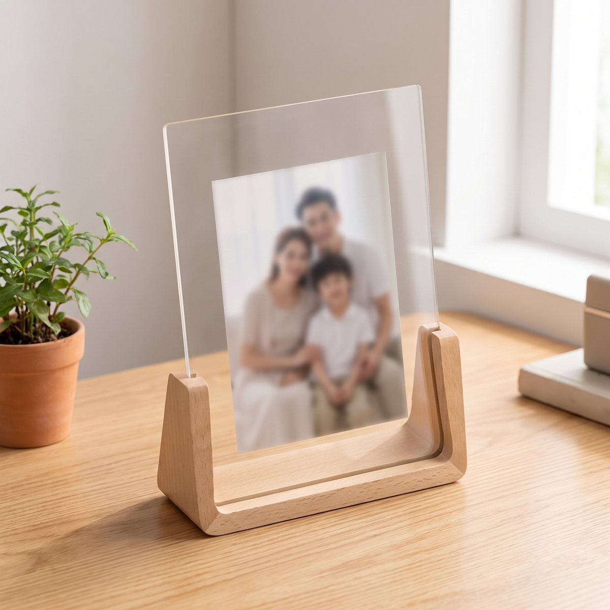 U-Shaped Acrylic and Wood Photo Frame on a desk