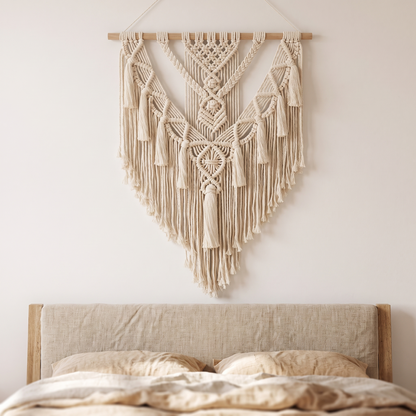 Boho Macrame Woven Wall Hanging above a bed