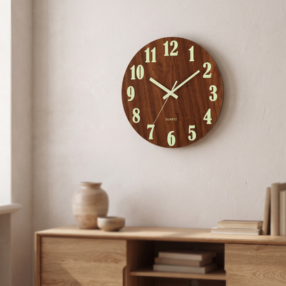Silent Wooden Wall Clock with Glow Numbers mounted on a living room wall