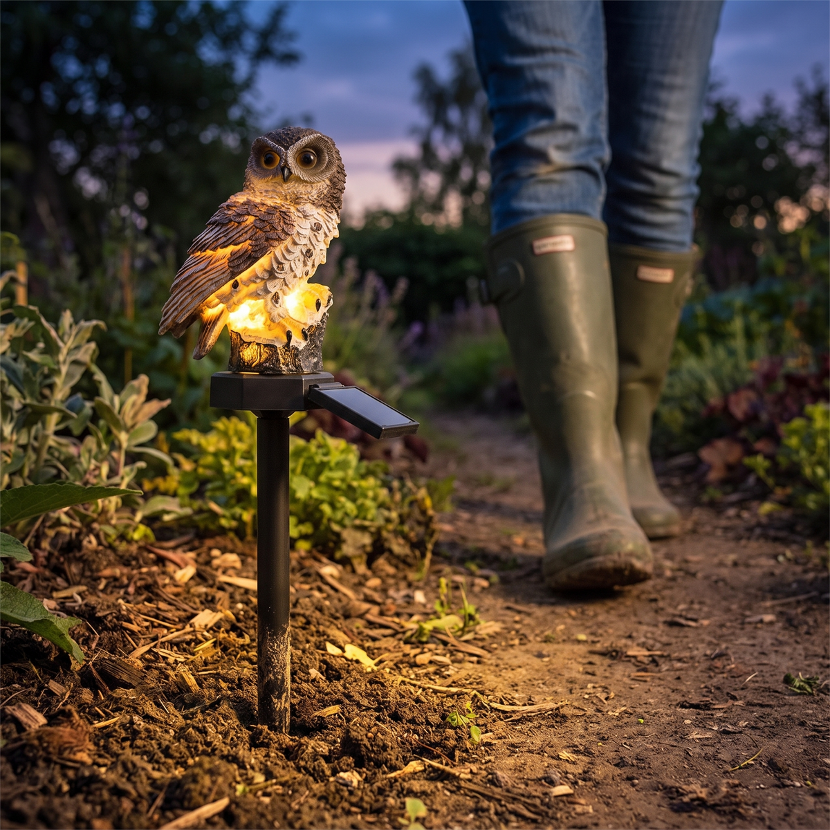 Solar Owl Garden Light staked beside a garden path at dusk