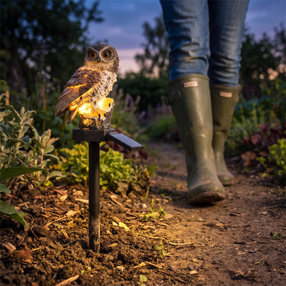 Solar Owl Garden Light staked beside a garden path at dusk