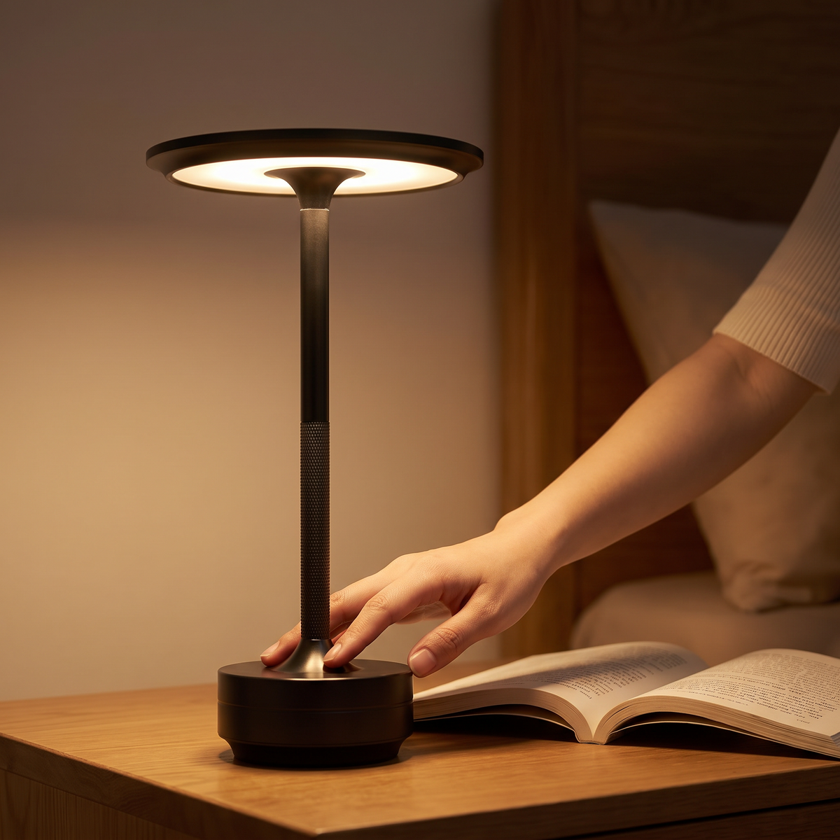 Rechargeable Touch Desk Lamp on a bedside table at night