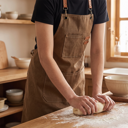 Canvas Kitchen Apron worn while kneading dough