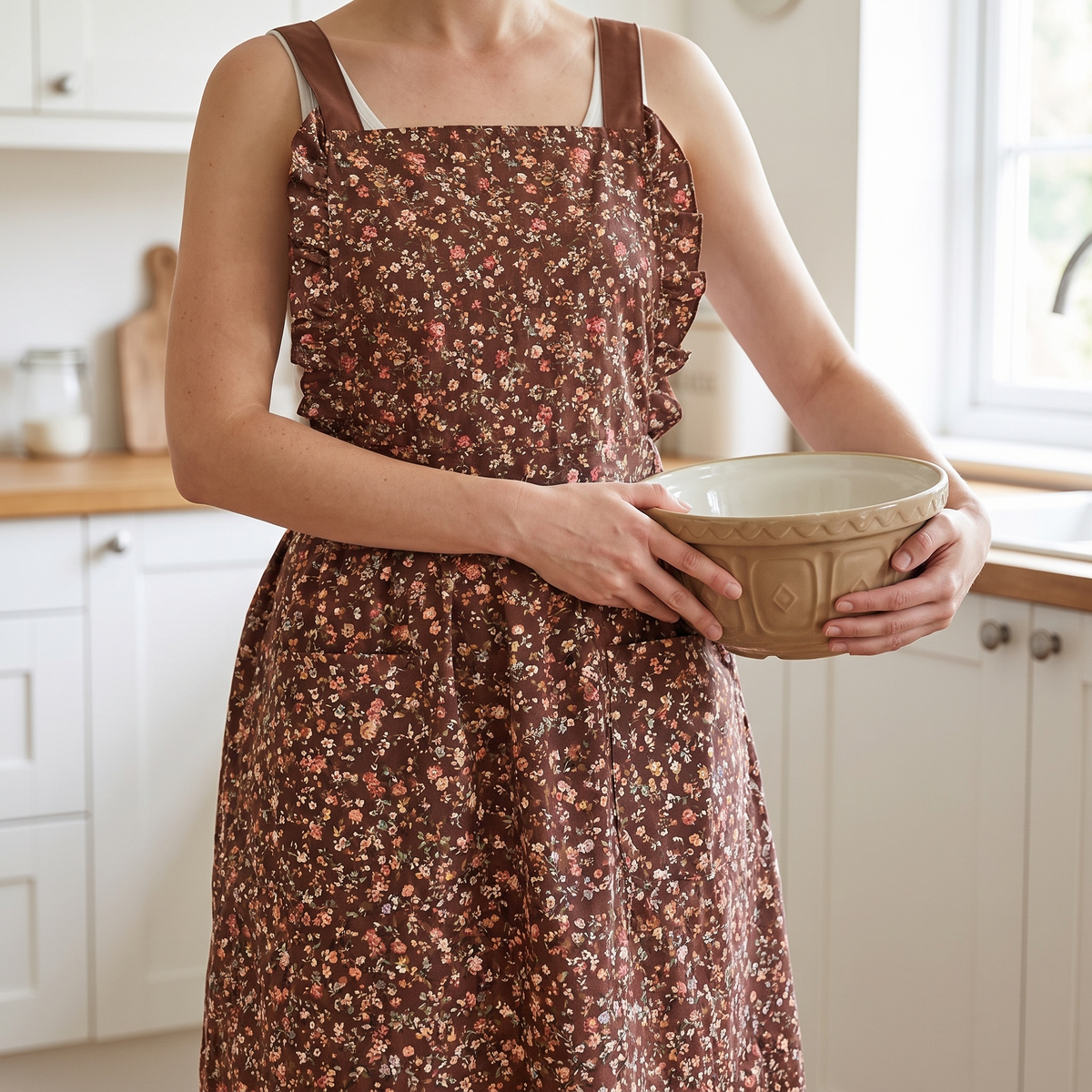 Princess Style Floral Apron worn in a kitchen