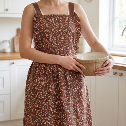 Princess Style Floral Apron worn in a kitchen