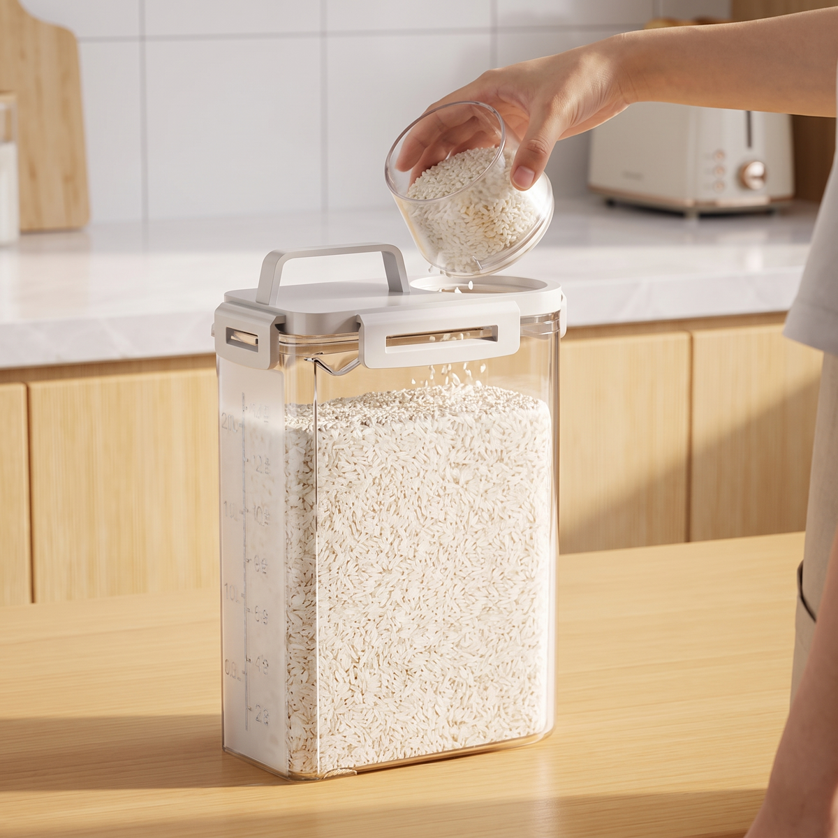 Sealed Grain Storage Container in use on a kitchen counter