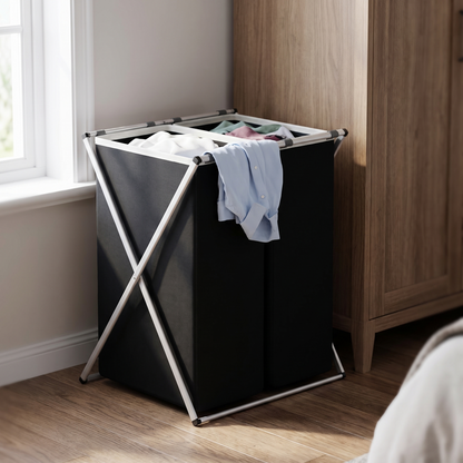 Multi-Section Laundry Hamper with sorted laundry in a bedroom