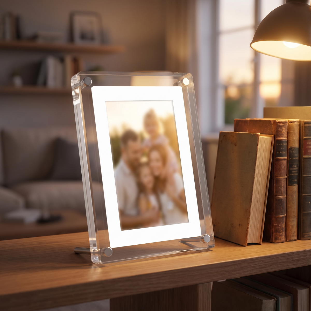 Acrylic Digital Photo Frame on a living room shelf