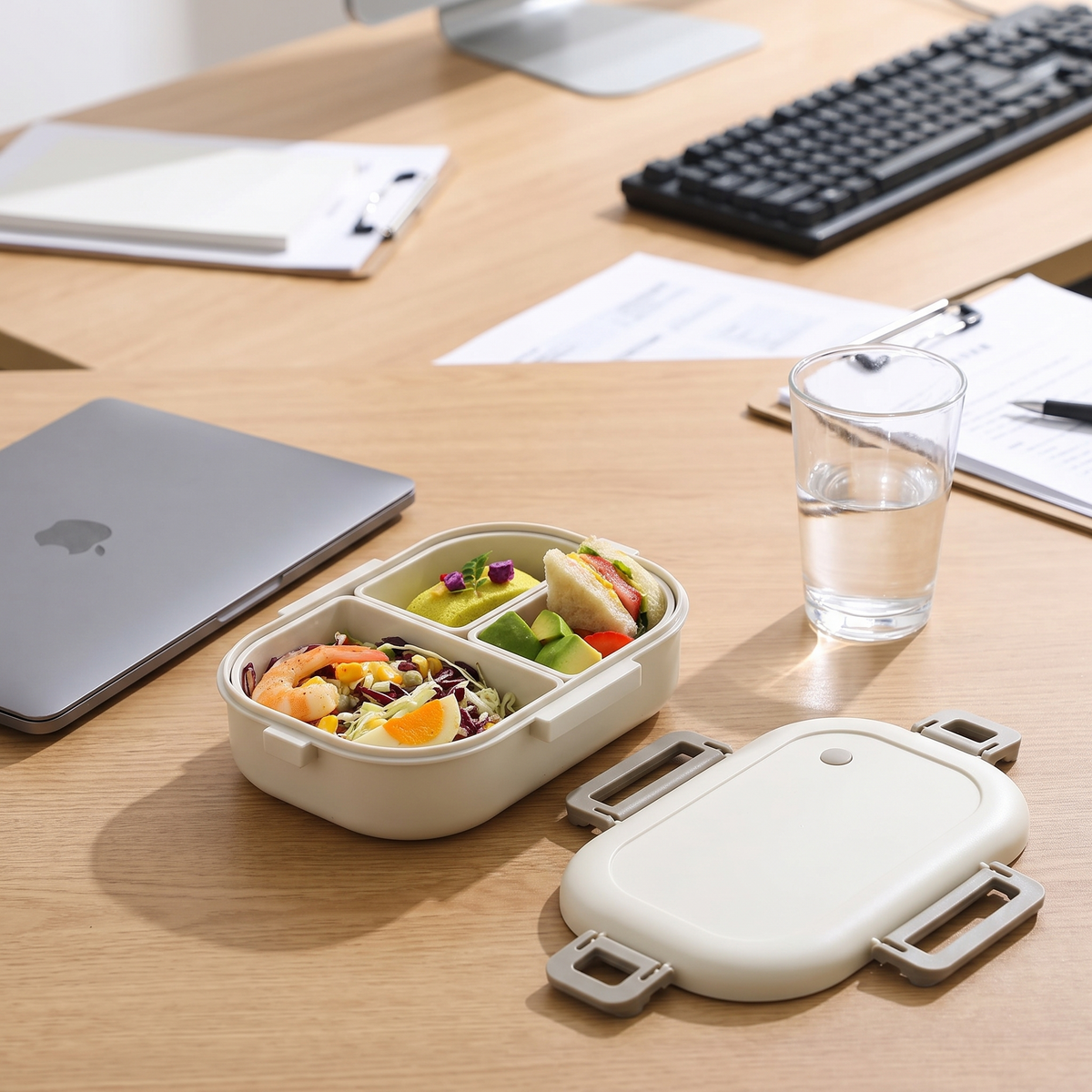Portable Bento Lunch Box open on a work desk