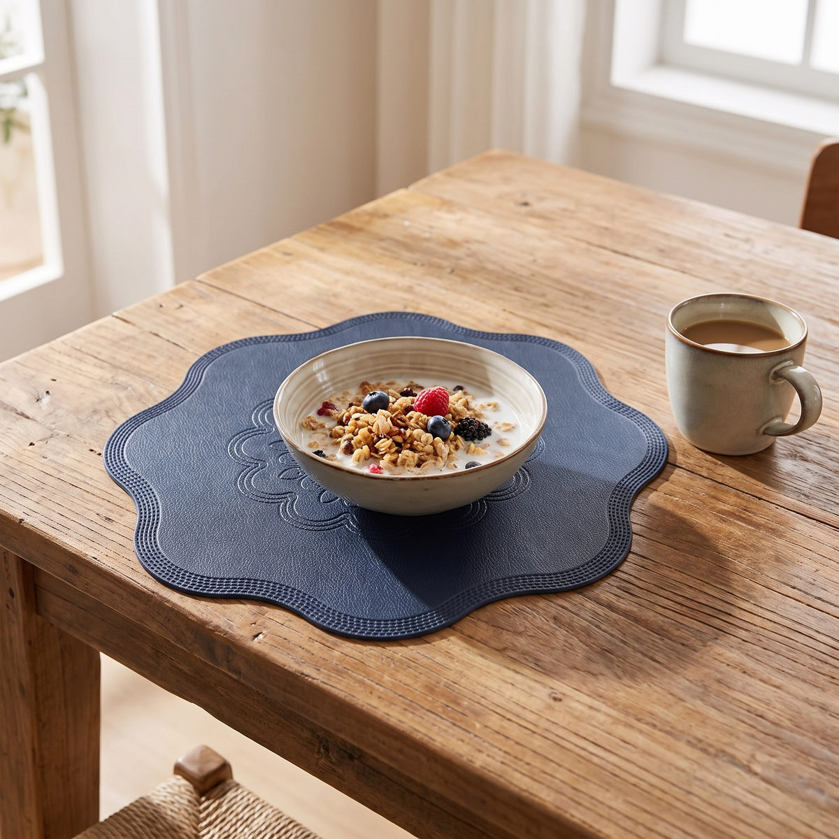 Round Faux Leather Placemat with embossed flower design on a breakfast table