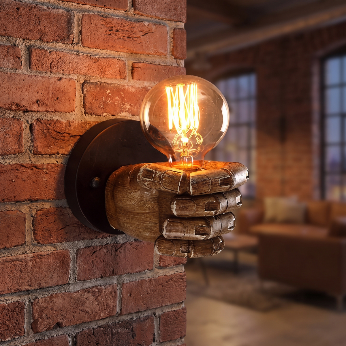 Industrial Hand Wall Lamp on an exposed brick wall