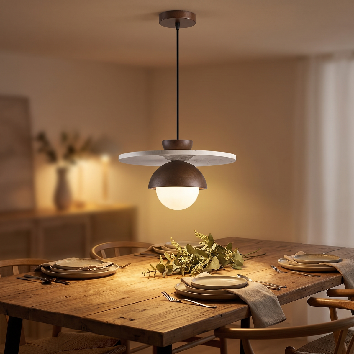 Walnut Finish Pendant Light hanging above a dining table