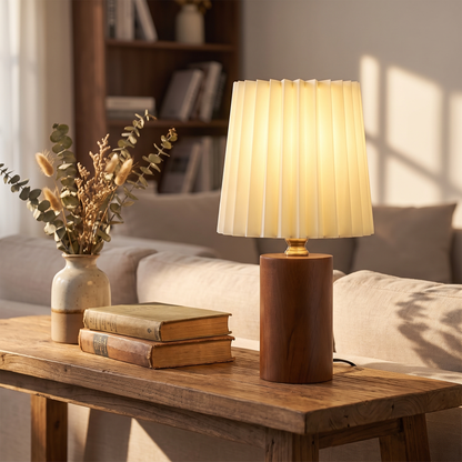 Vintage Pleated Table Lamp with wood base on a console table