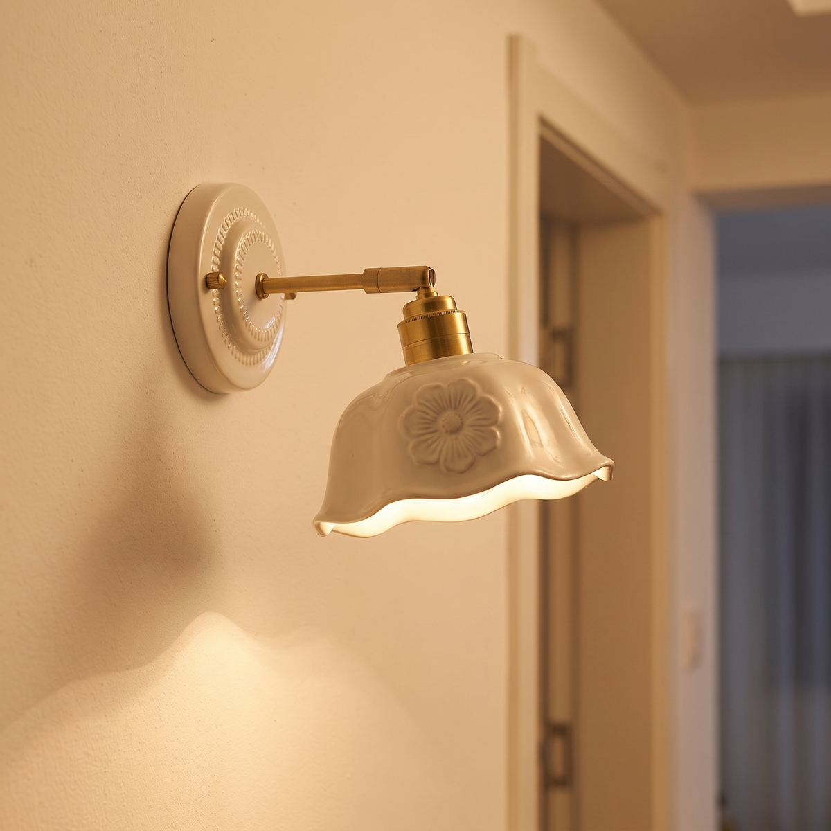 Nordic Cream Ceramic Wall Lamp with flower motif in a hallway