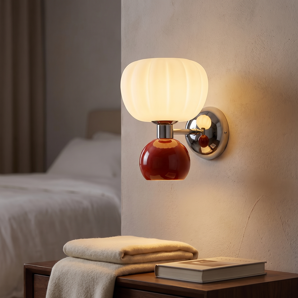 Nordic Pumpkin Wall Lamp lit above a bedside table