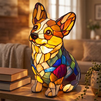 Decorative Resin Dog Figurine Table Lamp lit on a shelf